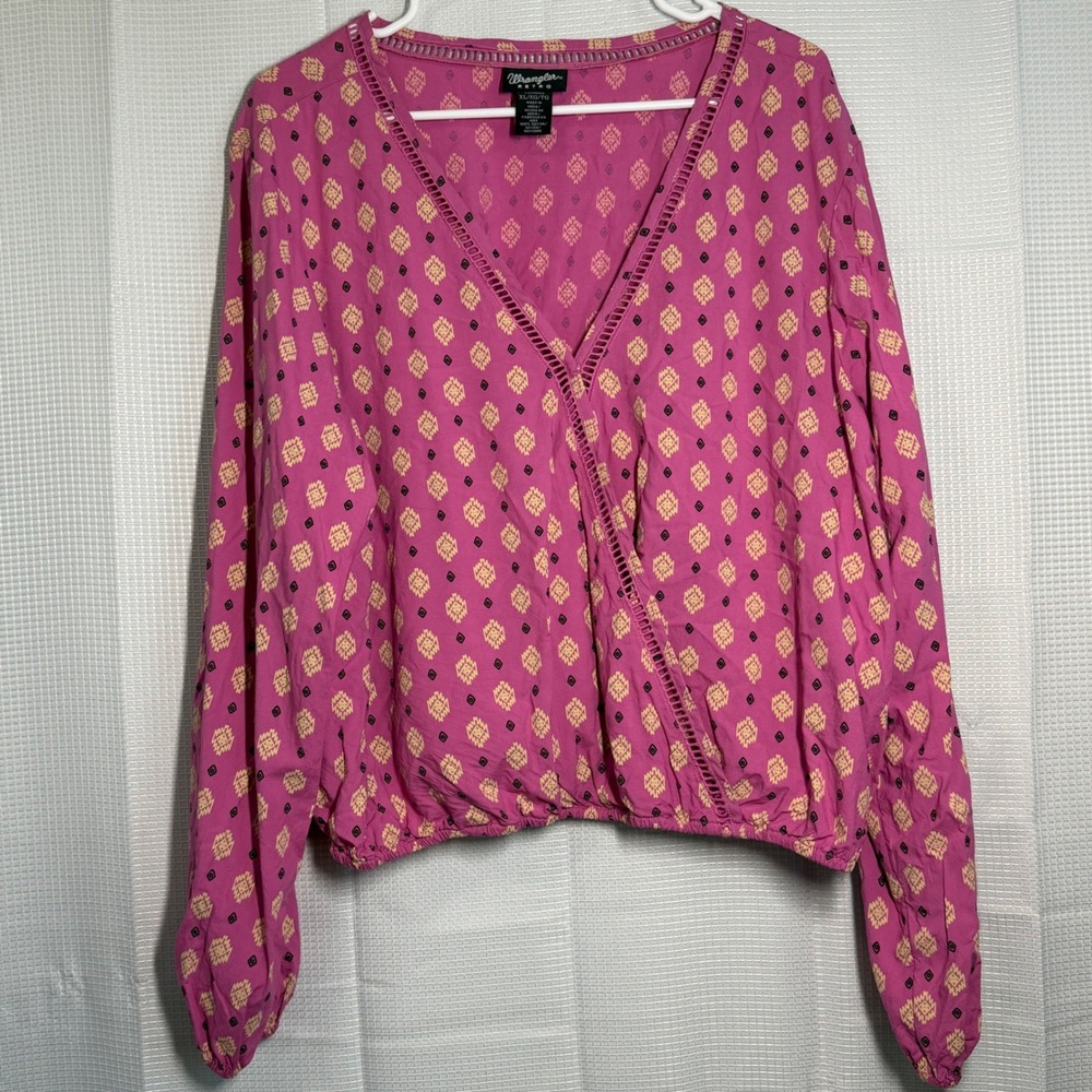 Wrangler‎ Retro Blouse XL Pink Geometric Faux Wrap Top